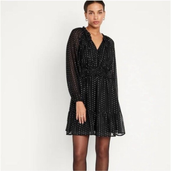 Old Navy XL Tall Black Metallic Dot Mini Dress Ruffled Waist Defined Party NWT - Picture 1 of 11
